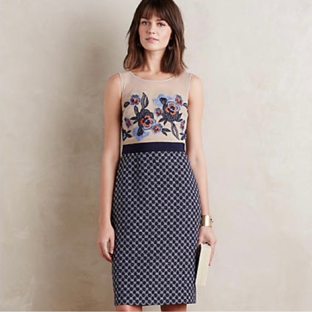 Anthropologie Moulinette Soeurs Blue and Cream Embroidered Dress